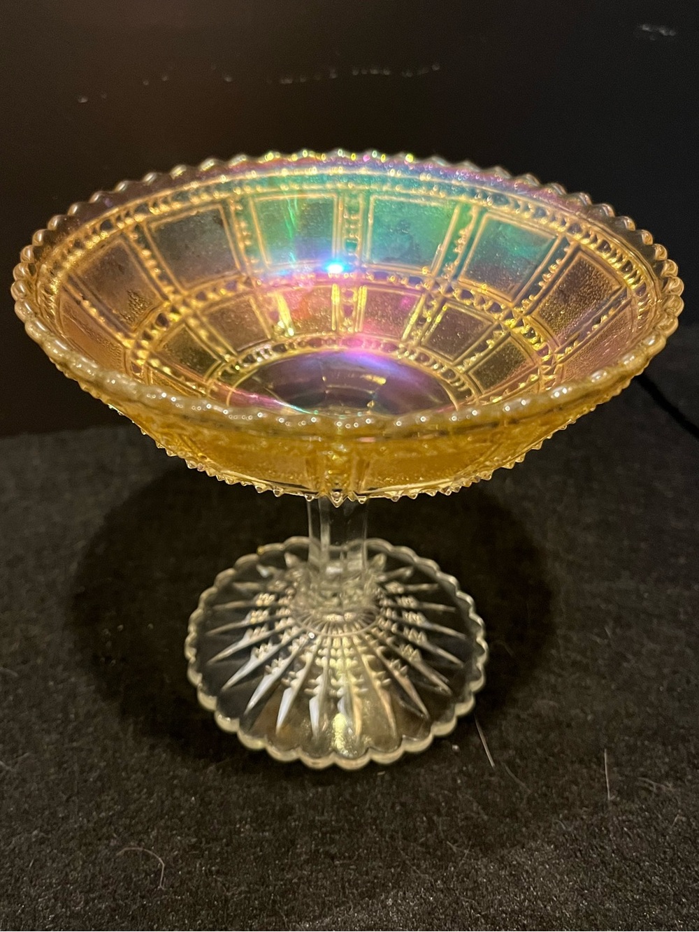 Vintage Imperial Glass Beaded Block Carnival Compote Candy Dish in Marigold